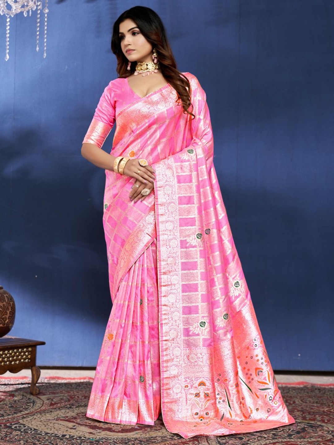 

Aagiri Woven Design Zari Pure Silk Banarasi Saree, Pink