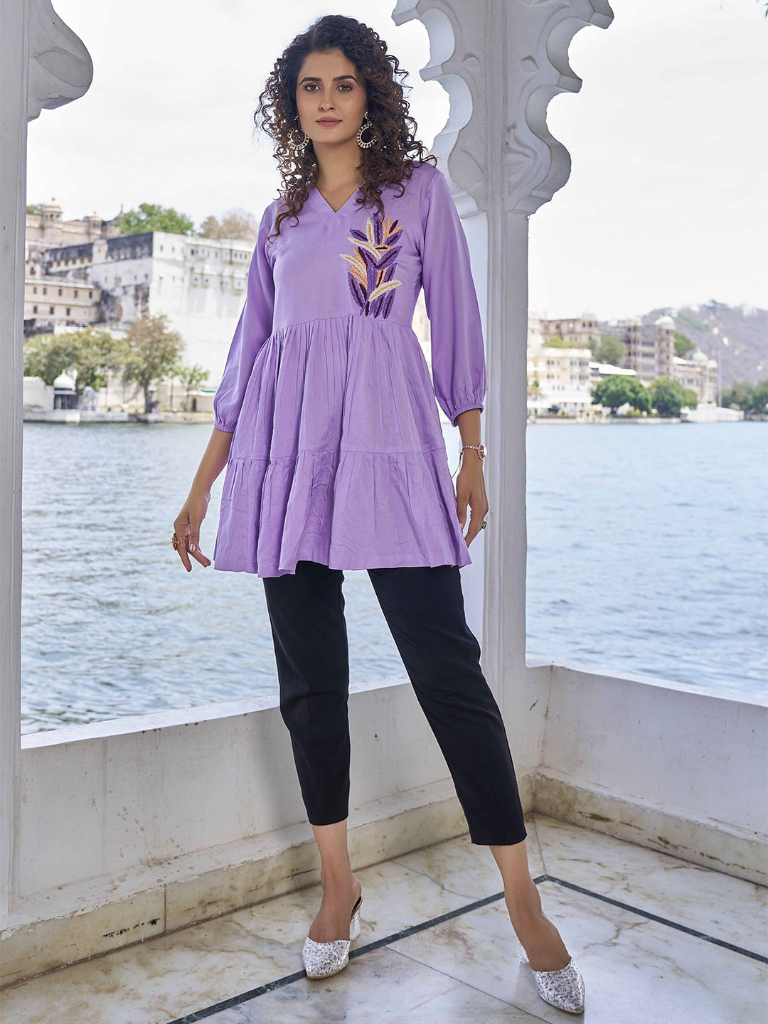 

Krimmple Women Embroidered Puff Sleeves Tunic, Lavender
