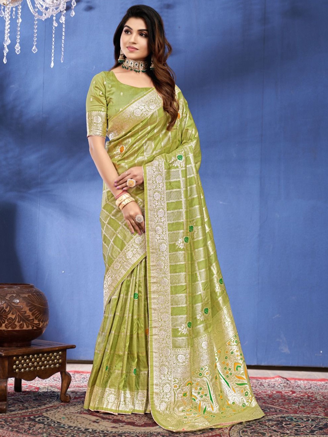 

Aagiri Ethnic Motifs Woven Design Zari Pure Silk Banarasi Saree, Sea green