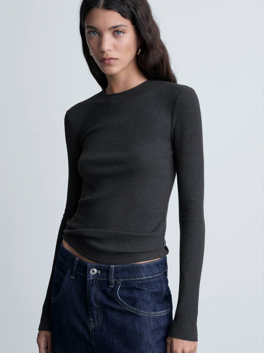 

MANGO Women Slim Fit Ribbed Full Sleeves T-shirt, Charcoal