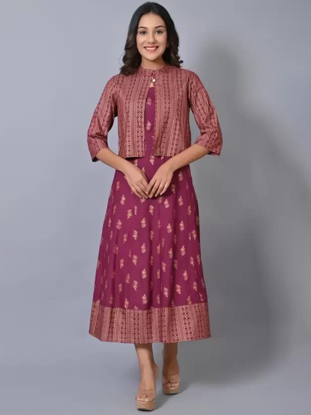 

VYMO Women Ethnic Motifs Printed Fit & Flare Midi Dress, Purple
