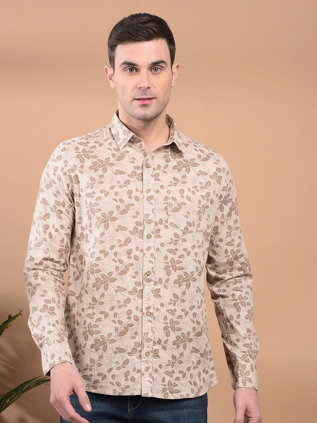 

Canary London Men Smart Slim Fit Spread Collar Floral Printed Cotton Casual Shirt, Brown
