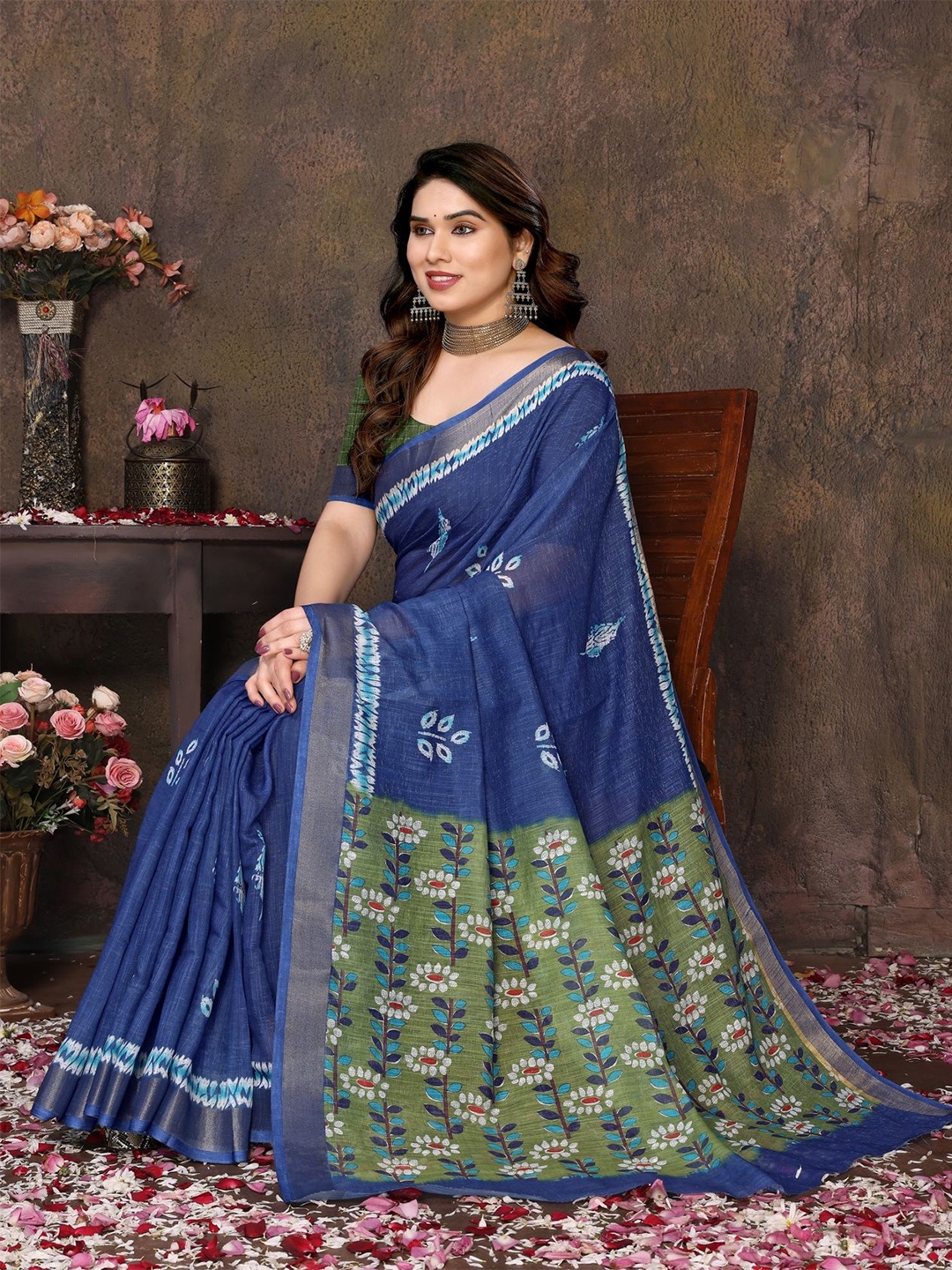 

vj fashion Floral Printed Zari Saree, Blue