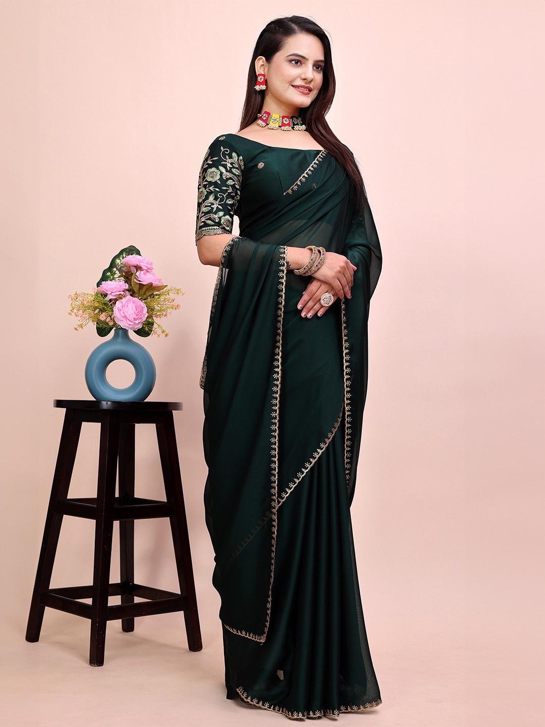 

K 5 Fashion Embroidered Pure Chiffon Saree, Green