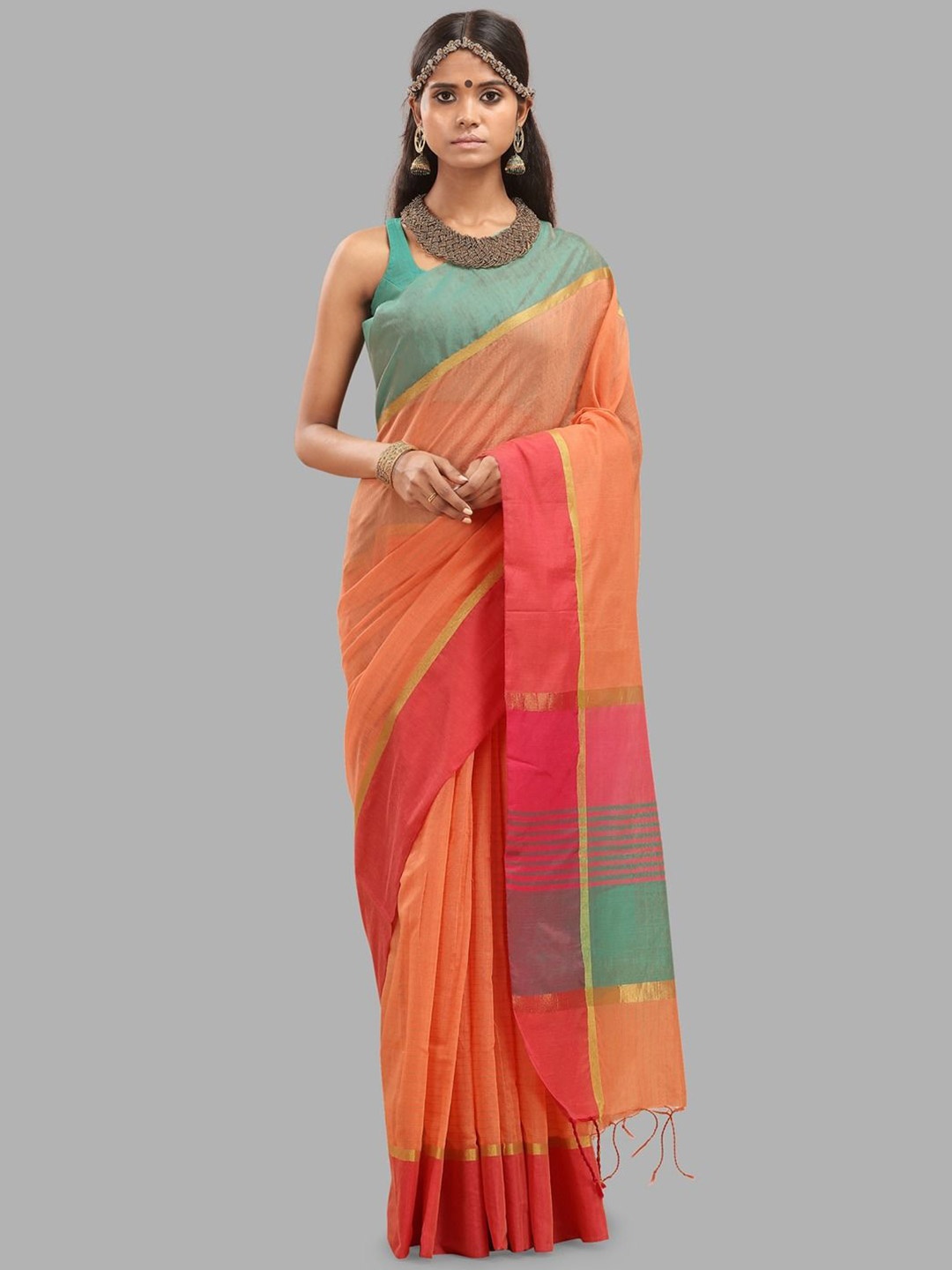 

Krimmple Zari Silk Cotton Maheshwari Saree, Peach