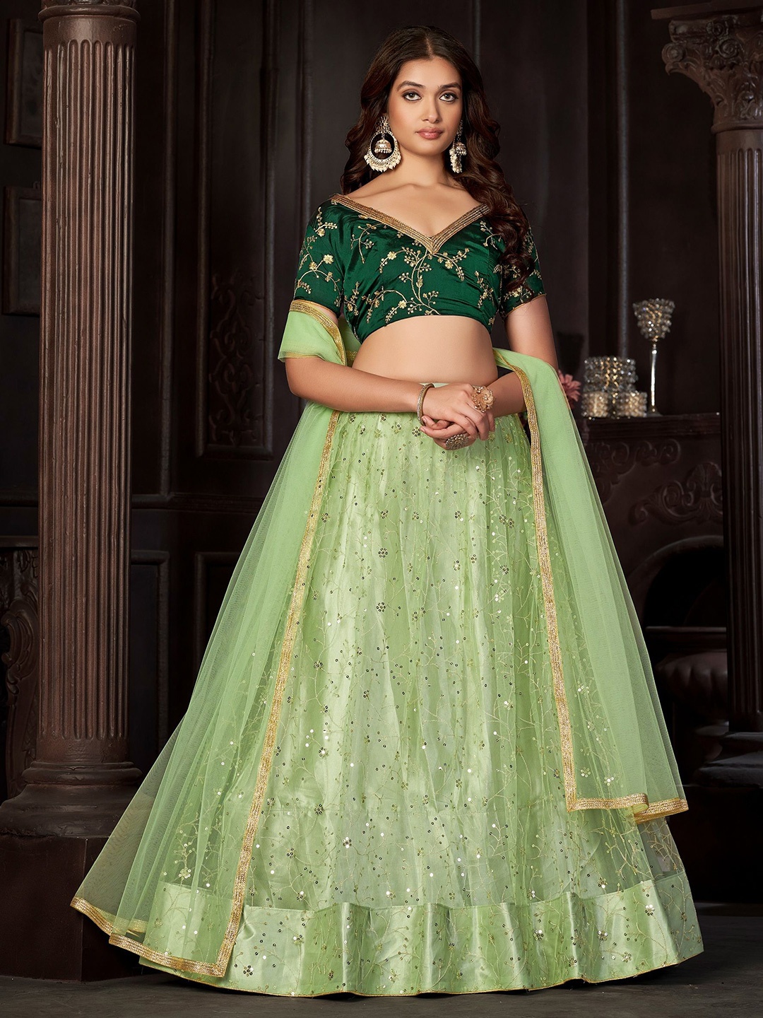 

KALINI Embroidered Sequinned Semi-Stitched Lehenga & Unstitched Blouse With Dupatta, Green