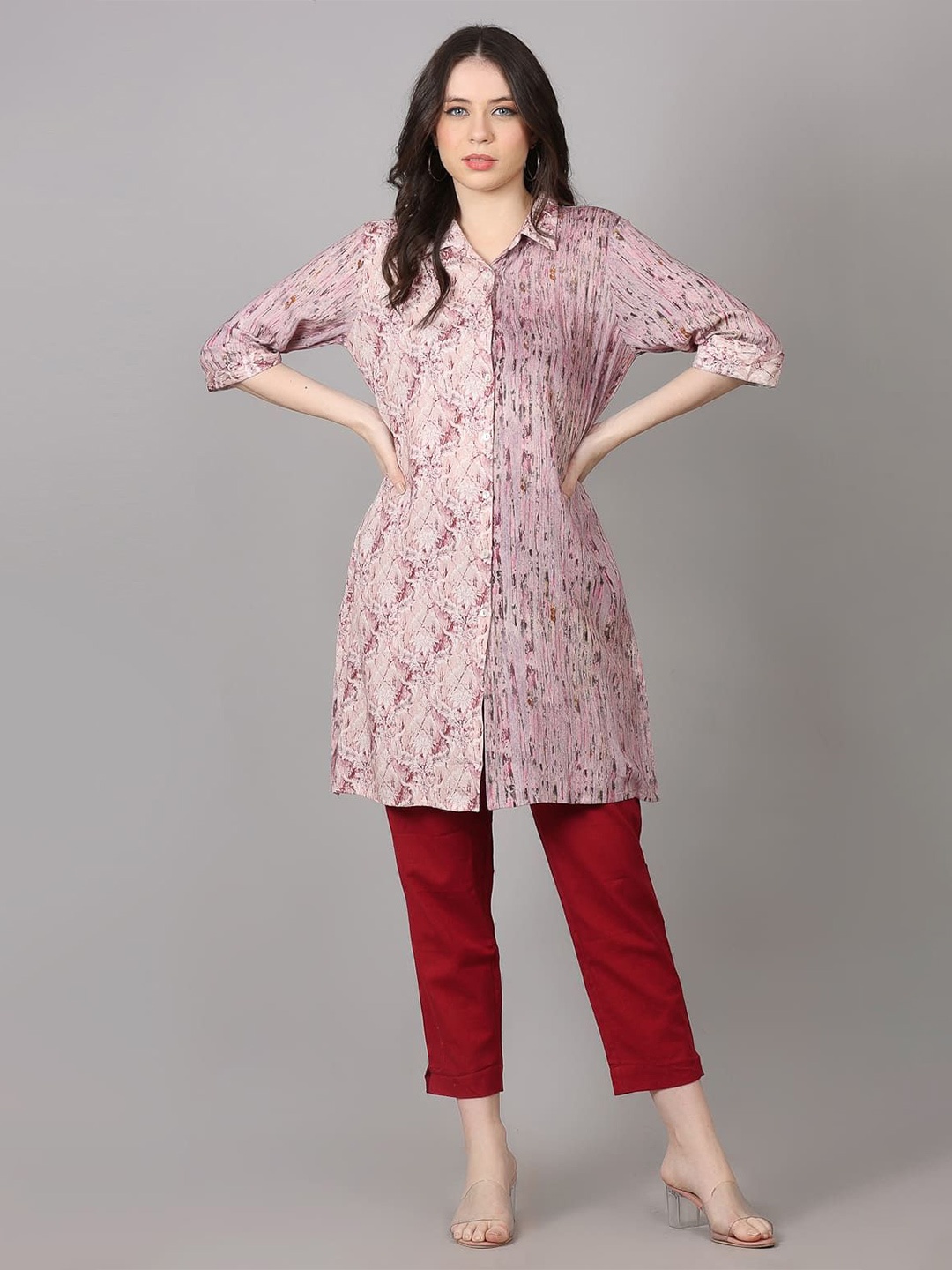 

Krimmple Women Floral Printed Shirt Collar Kurti, Purple