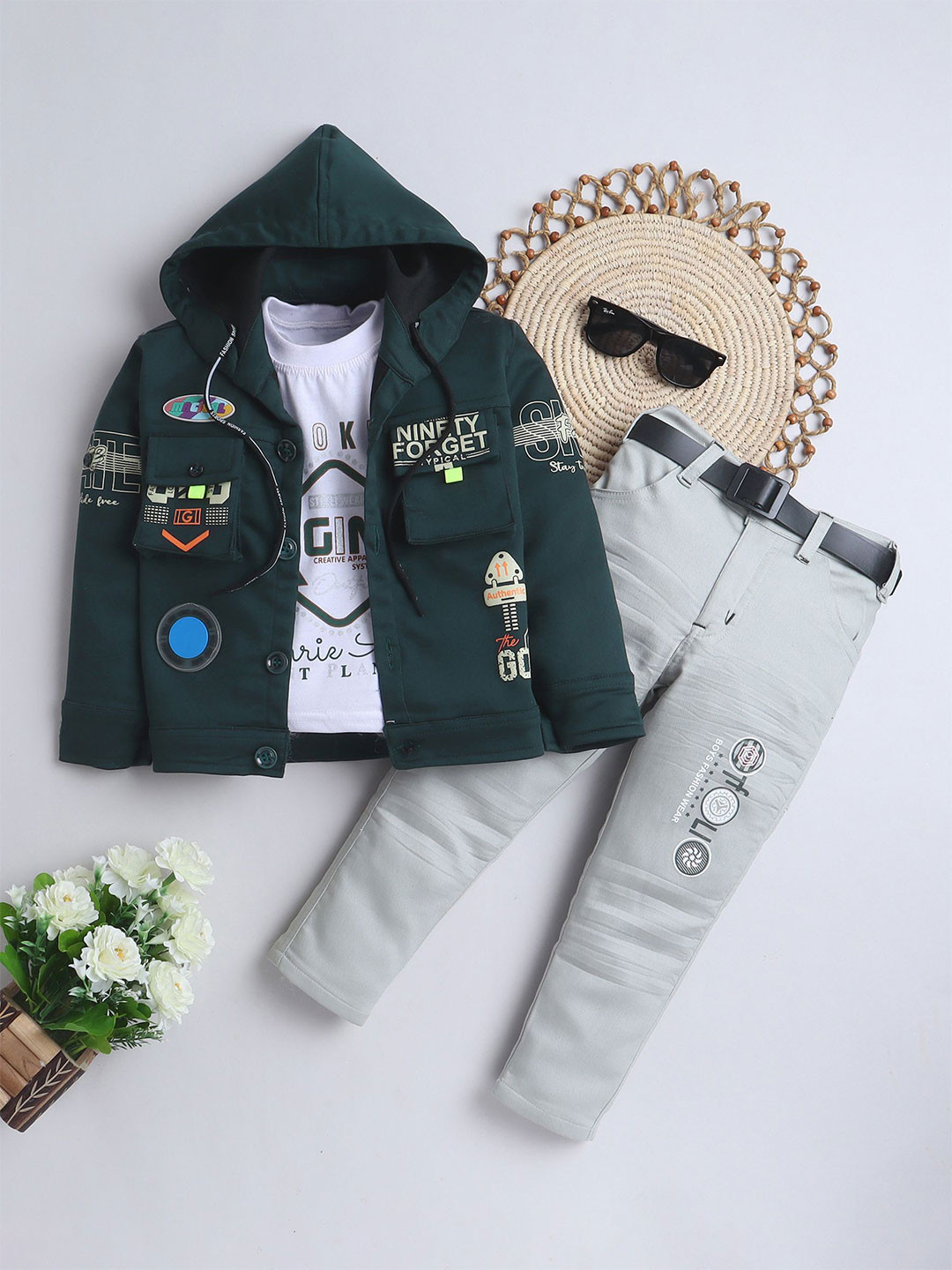 

BAESD Boys Printed Hooded Jacket With Trouser & T-Shirt, Green