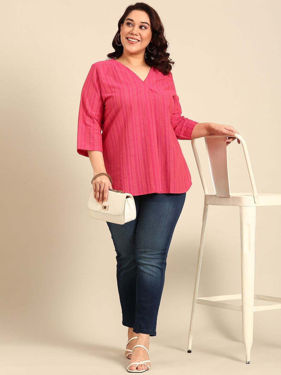 

The Pink Moon Women Pink Striped Cotton Top
