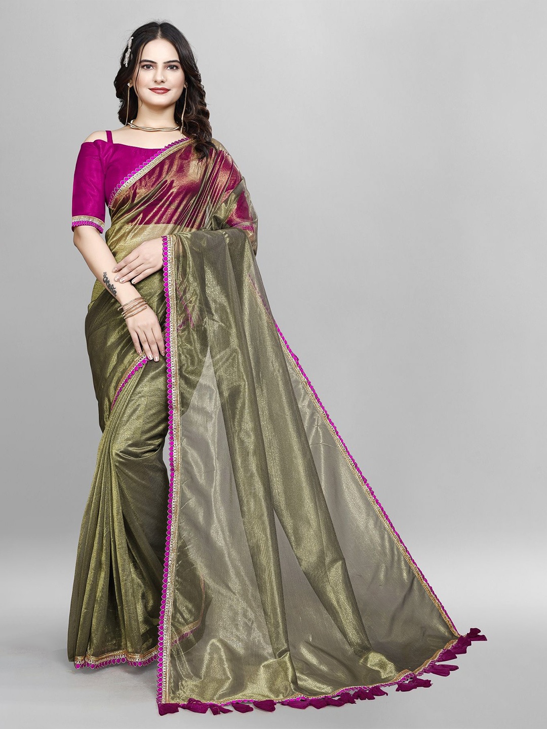 

JULEE Net Lace Border Saree, Green