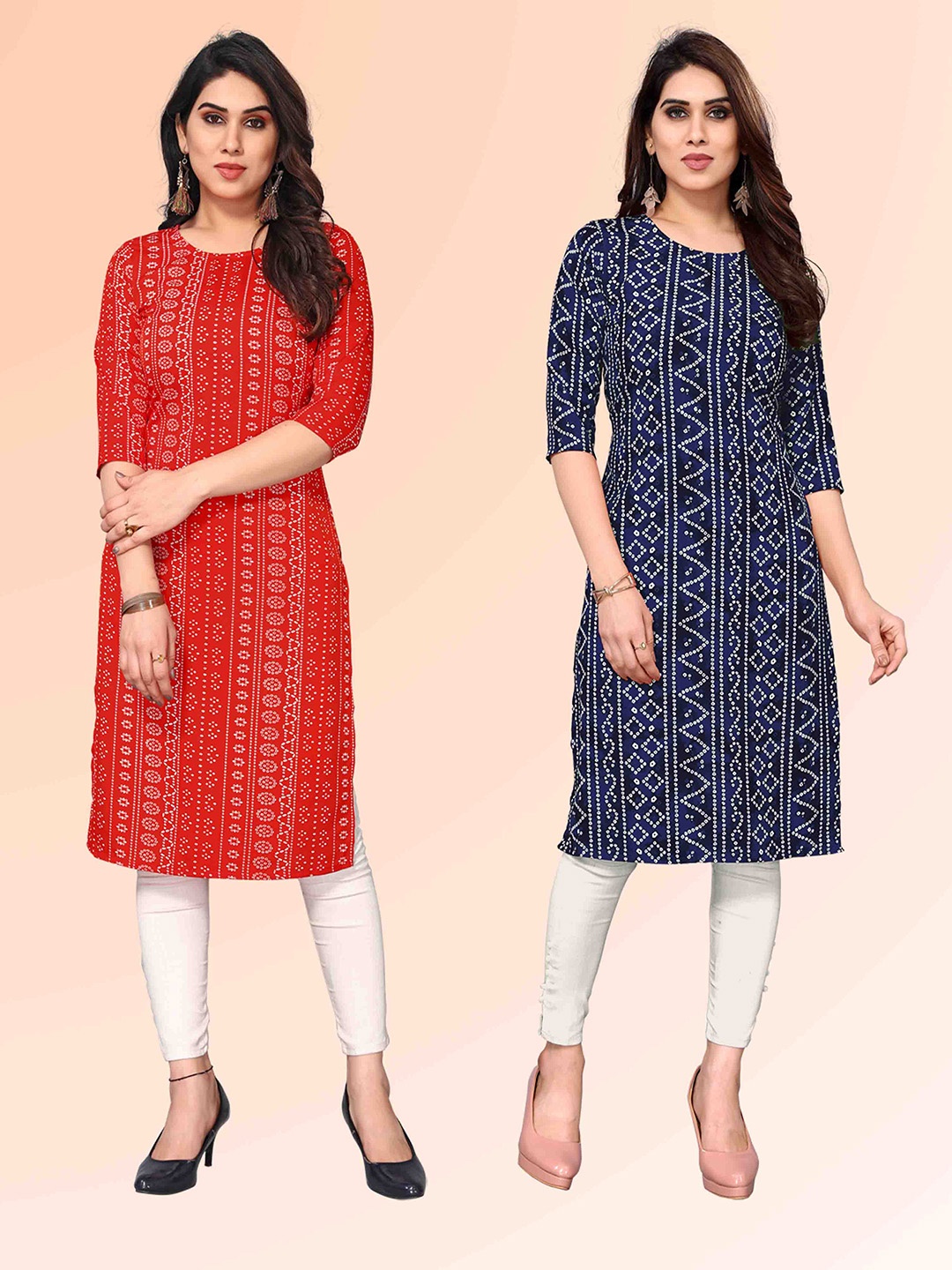 

KETAKI FASHION Selection Of 2 Geometric Printed Round Neck Straight Kurtas, Red