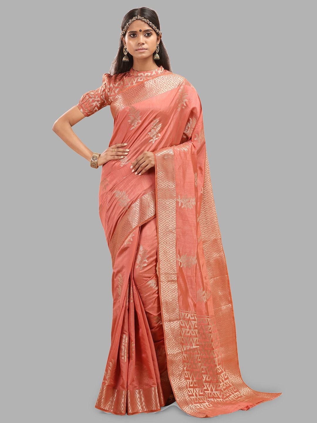 

Krimmple Ethnic Motifs Zari Pure Silk Banarasi Saree, Peach
