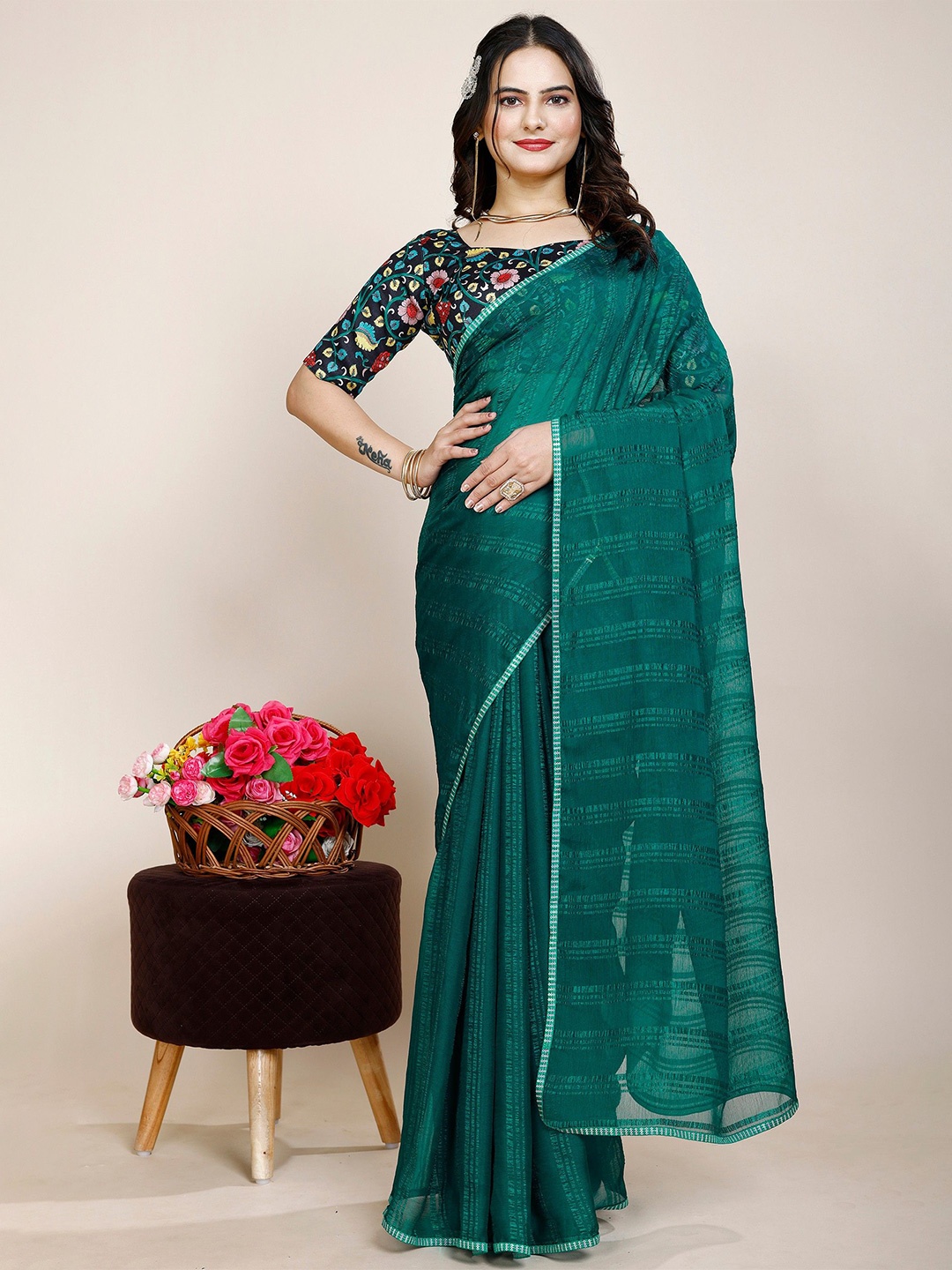 

K 5 Fashion Women Pure Chiffon Saree With Blouse Piece, Green