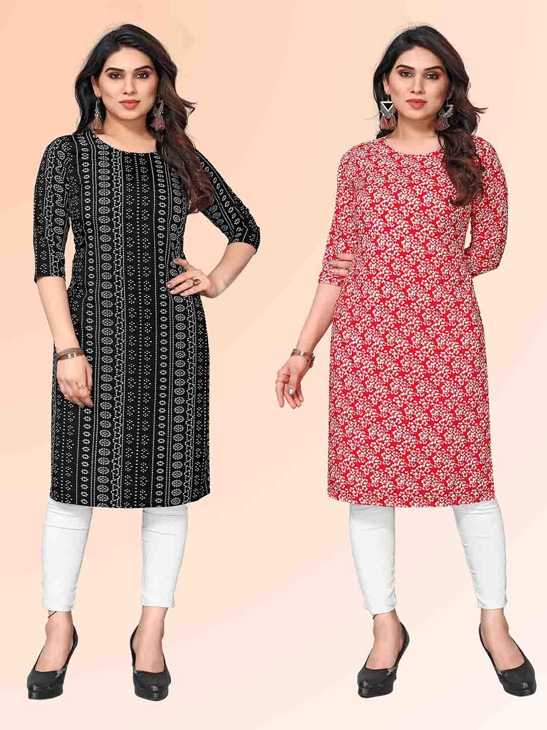 

KETAKI FASHION Selection Of 2 Bandhani Printed Round Neck Straight Kurtas, Black