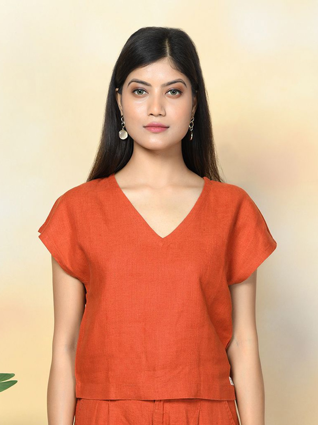 

Rimore Extended Sleeves Linen Boxy Crop Top, Rust