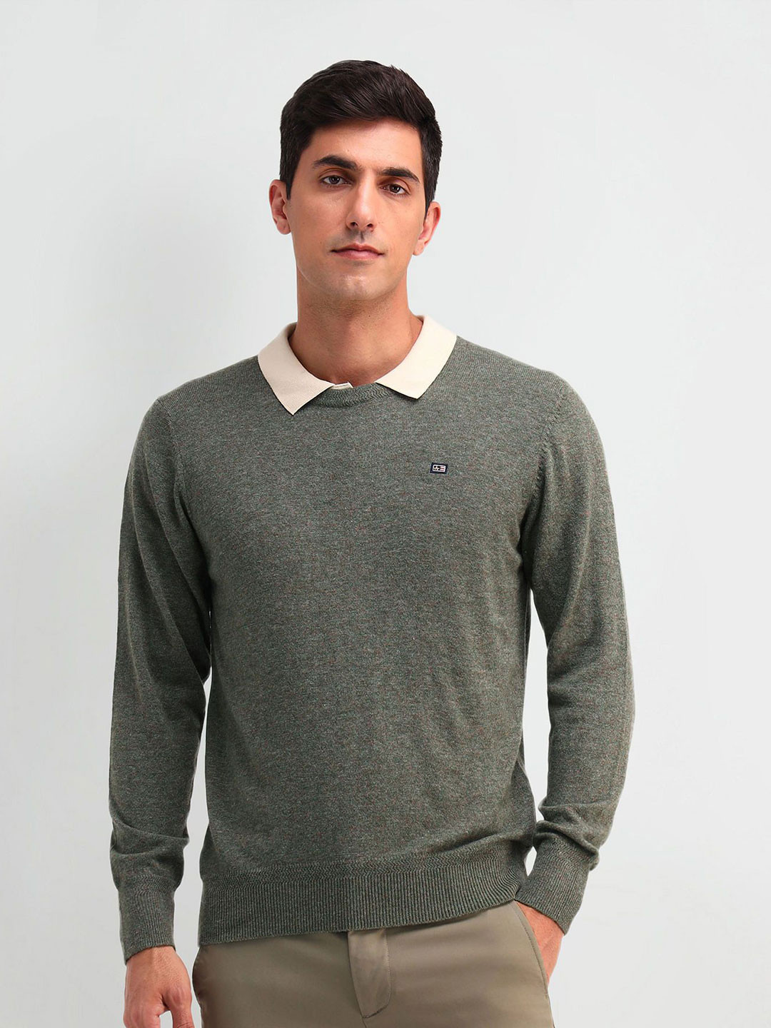 

Arrow Sport Men Long Sleeves Round Neck Longline Pullover Sweater, Green