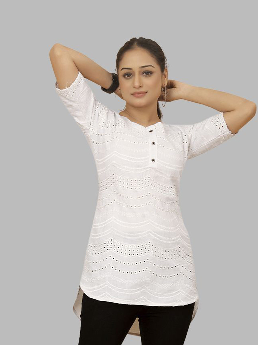 

Krimmple Women Embroidered Cotton Top, White