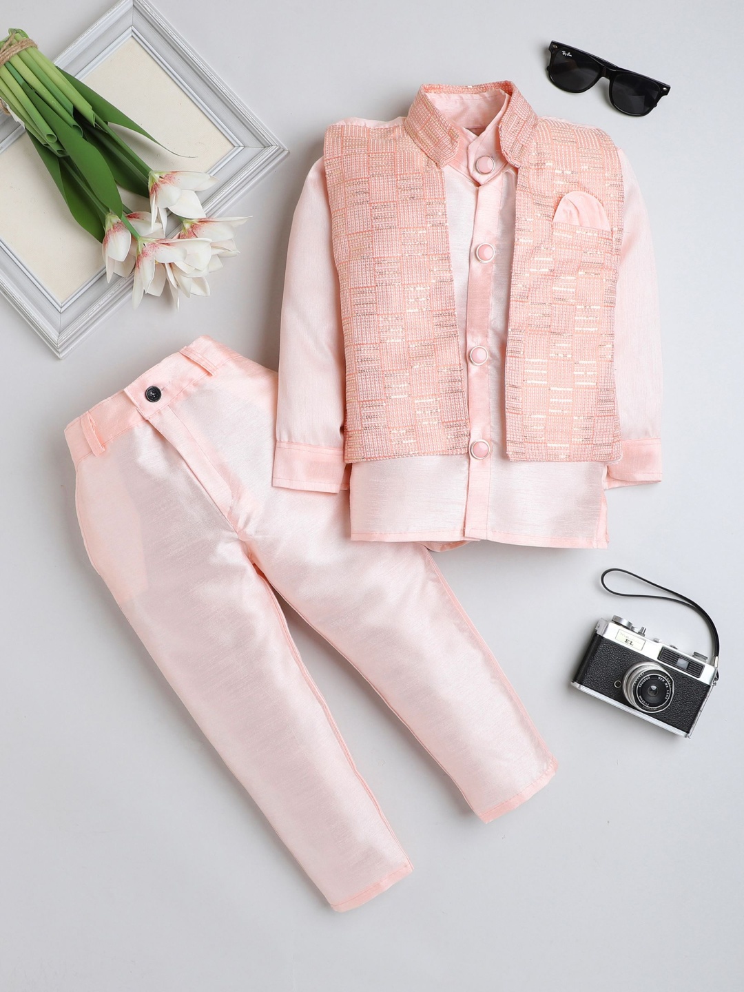 

FOURFOLDS Boys Geometric Sequinned Embroidered Straight Kurta With Trousers & Waistcoat, Peach