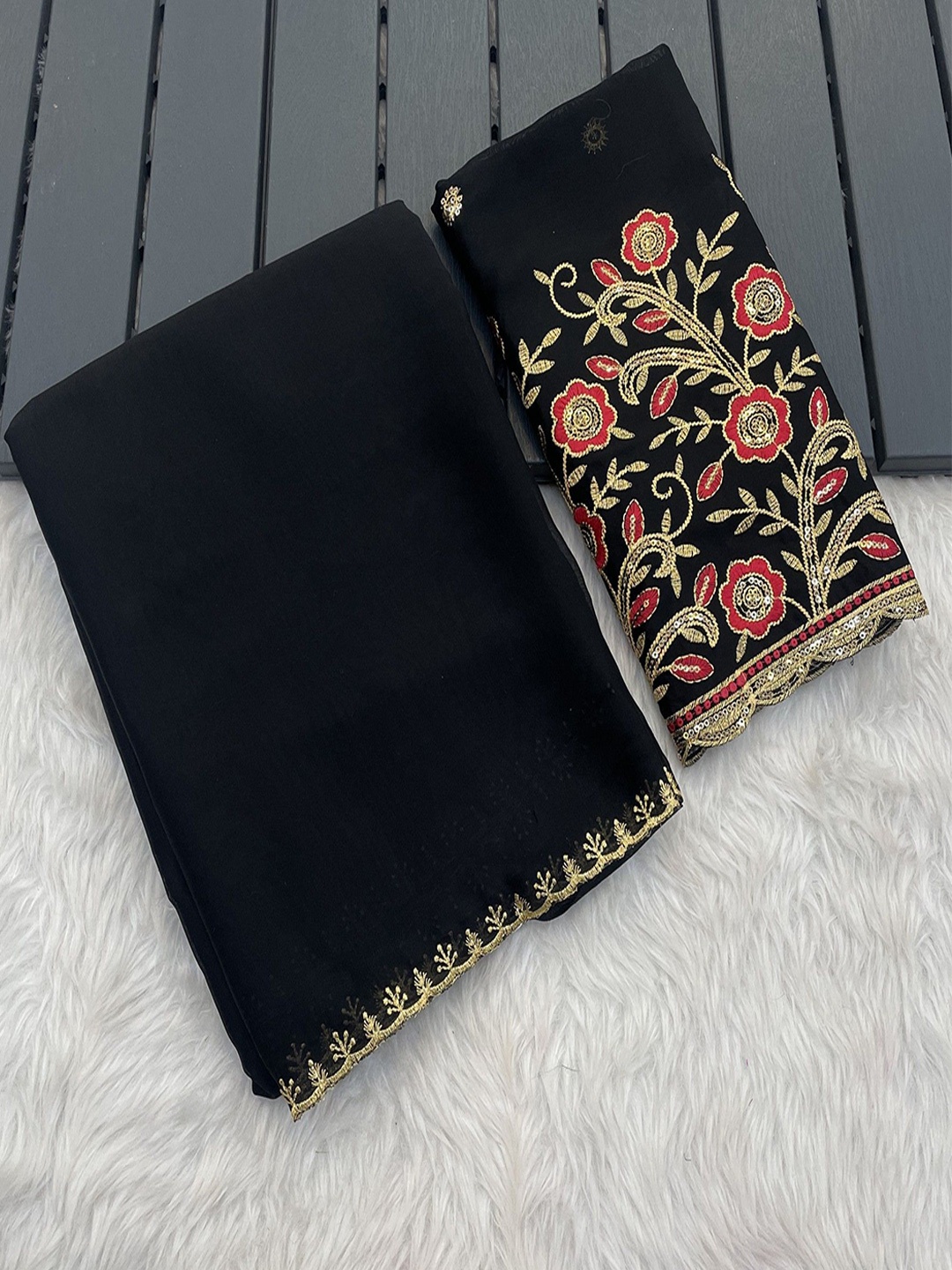 

K 5 Fashion Embroidered Pure Chiffon Saree, Black