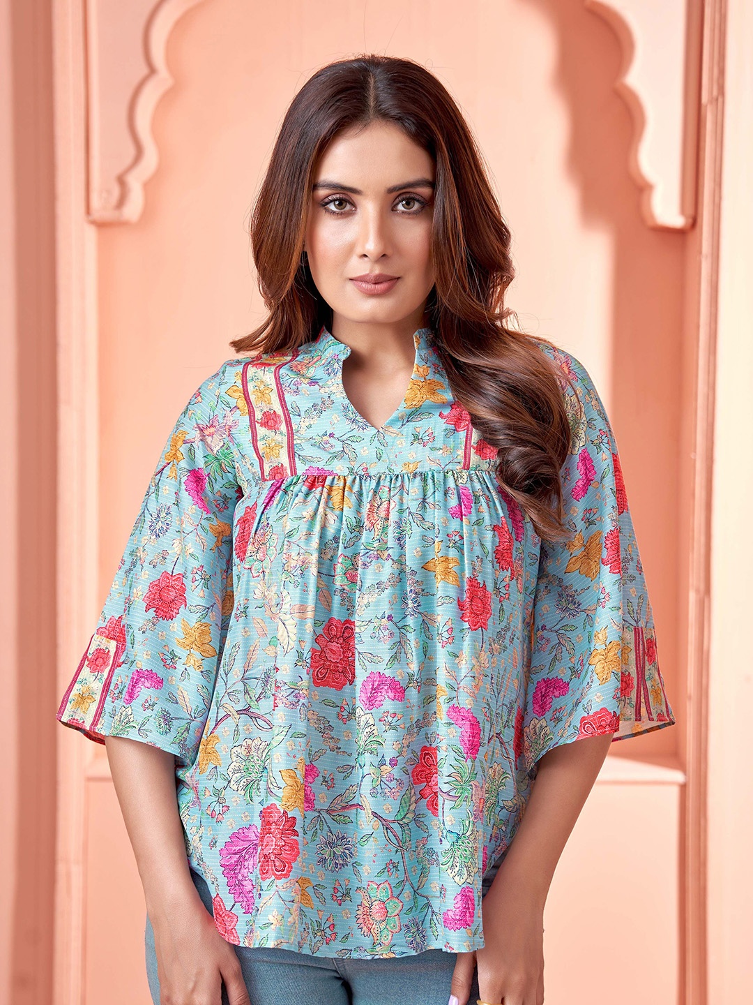 

DRESOUL Women Floral Printed Mandarin Collar Cotton Peplum Top, Blue