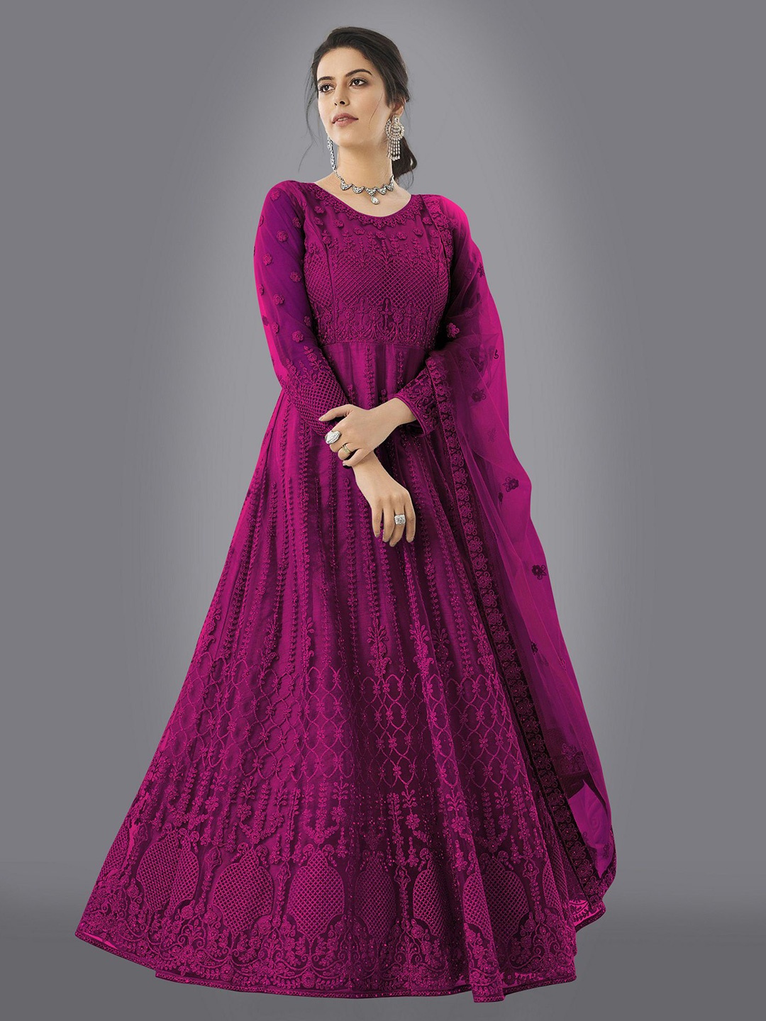 

A TO Z CART Embroidered Semi-Stitched Net Ethnic Maxi Dress With Dupatta, Magenta