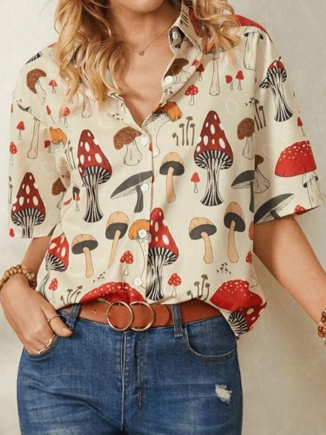 

Just Fab Women Standard Slim Fit Spread Collar Graphic Printed Casual Shirt, Cream