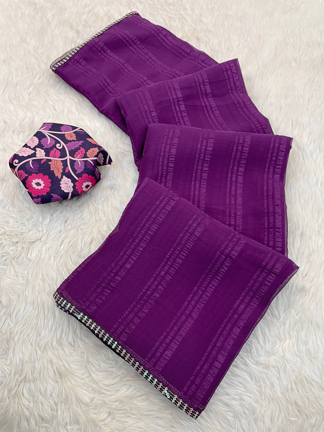 

K 5 Fashion Striped Embroidered Pure Chiffon Saree, Purple