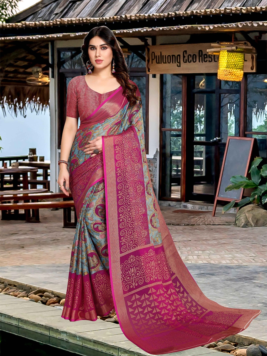 

EMV Floral Pure Chiffon Saree, Pink