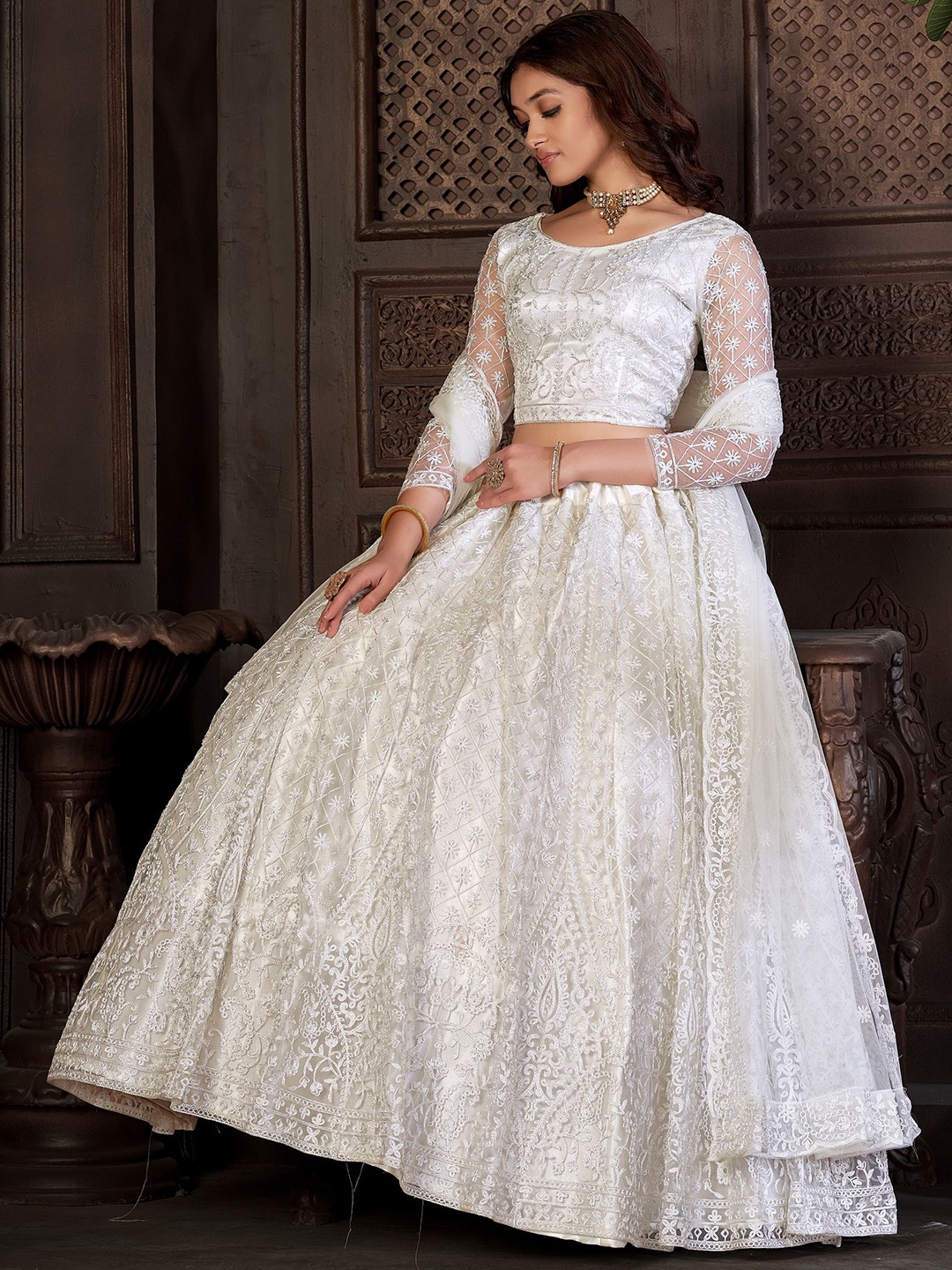 

KALINI Embroidered Thread Work Semi-Stitched Lehenga & Unstitched Blouse With Dupatta, White