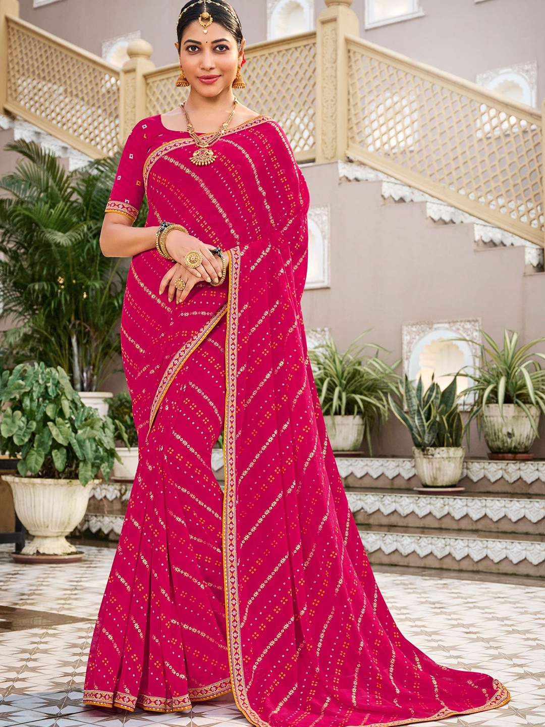 

Laxmipati Bandhani Printed Embroidered Bandhani Saree, Pink