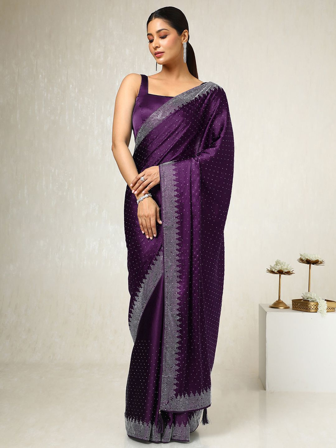 

Soch Embellished Beads and Stones Satin Saree, Purple