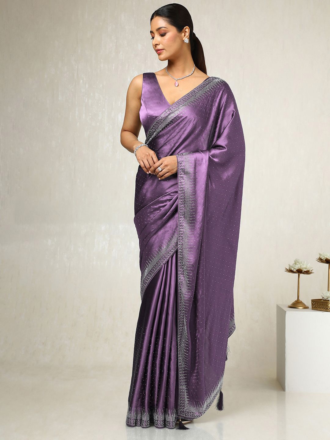 

Soch Embellished Beads and Stones Satin Saree, Lavender