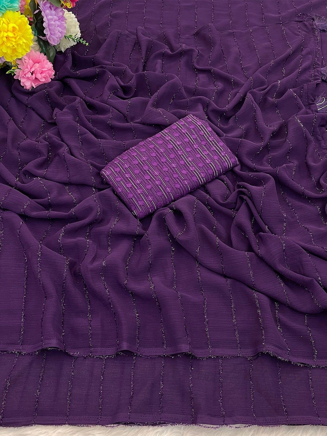 

K 5 Fashion Striped Embroidered Pure Chiffon Saree, Purple