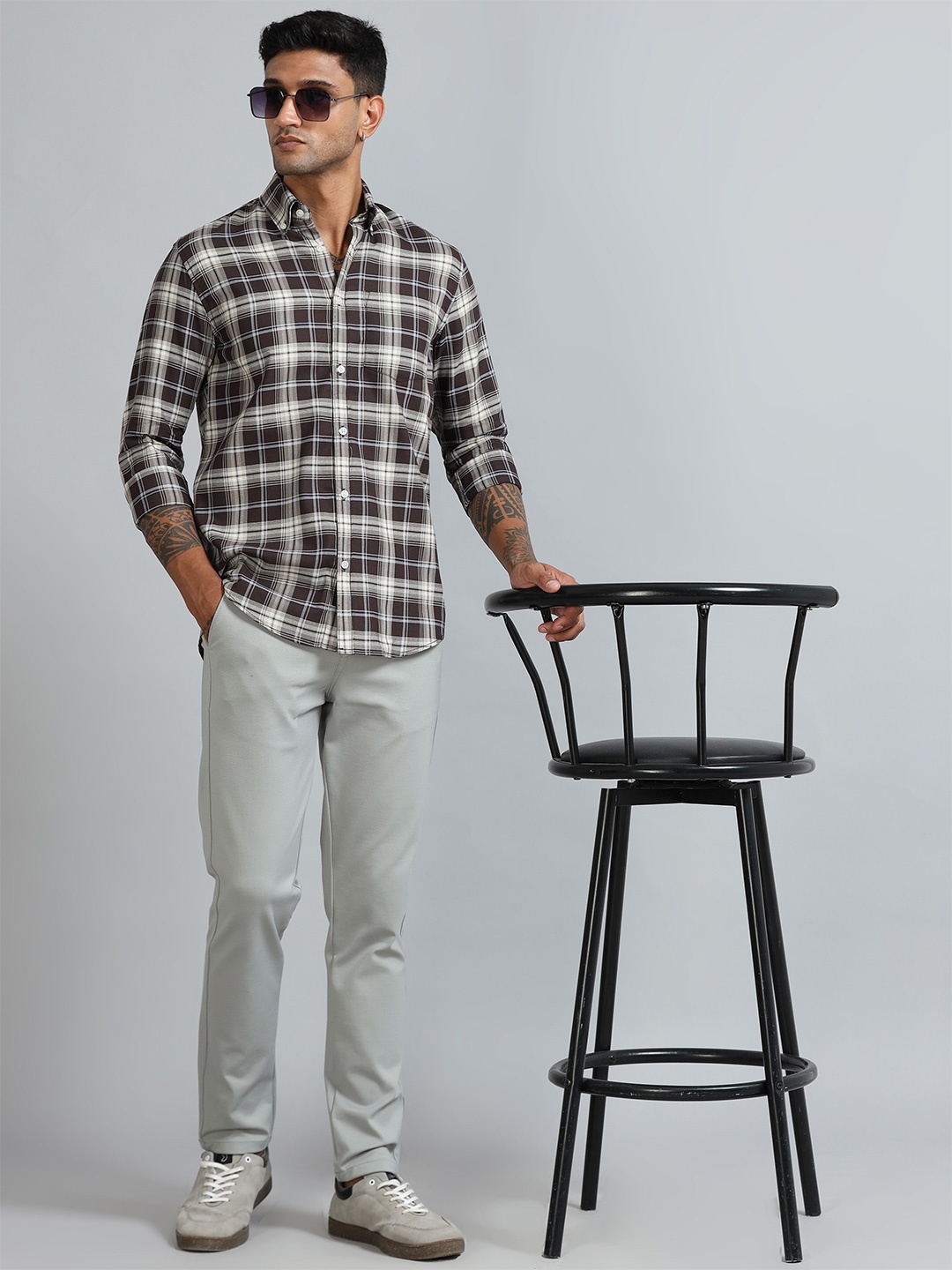 

HOUSE OF MAHNOTS Men Classic Relaxed Fit Tartan Checked Cotton Casual Shirt, Brown