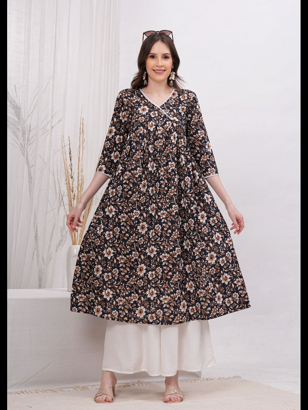 

Vilgi Floral Printed V-Neck Pleated Pure Cotton A-Line Kurta, Black