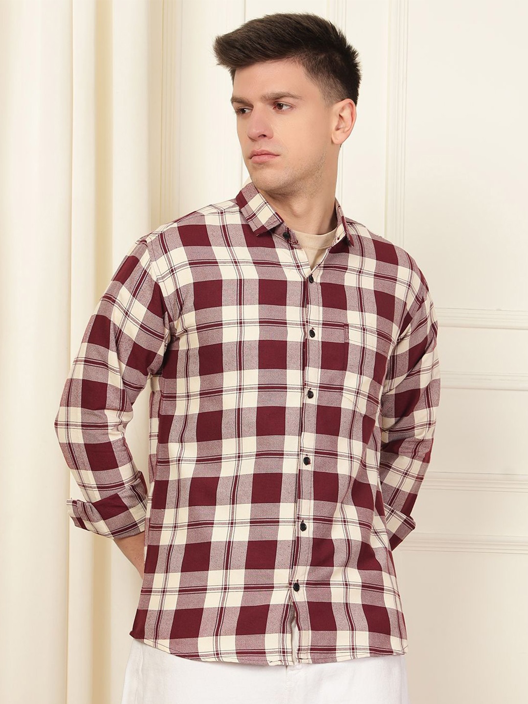 

WOXEN Men Original Fit Spread Collar Tartan Checked Cotton Casual Shirt, Maroon
