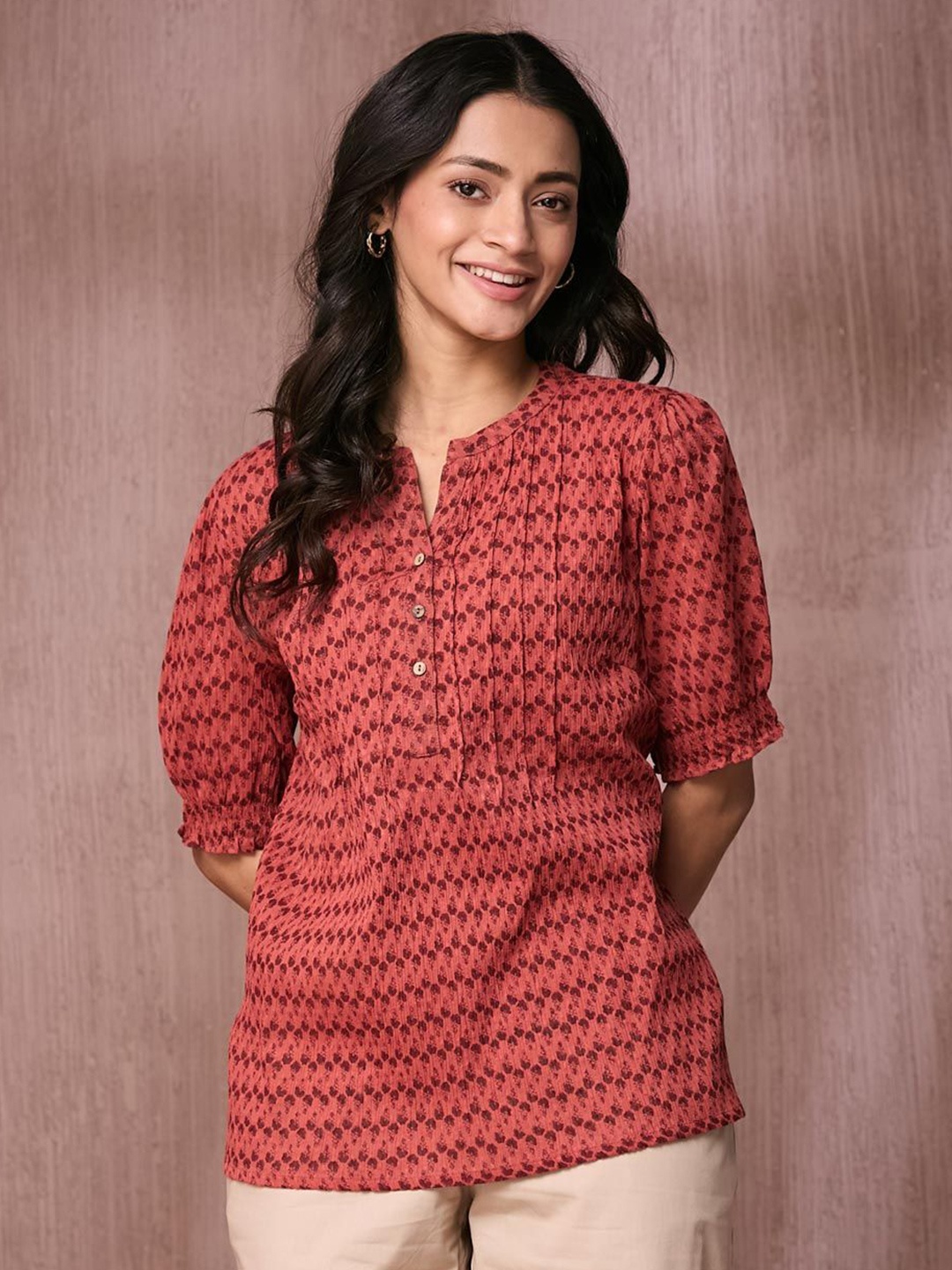 

Fabindia Women Ethnic Motifs Printed Cotton A-Line Top, Coral