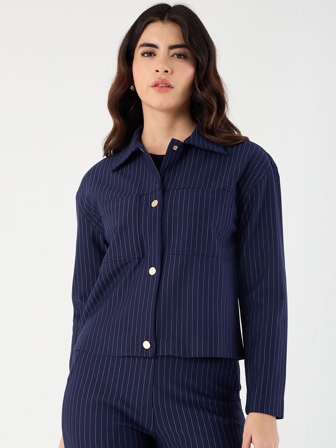

FEMMELLA Women Striped Lightweight Long Sleeves Tailored Jacket, Navy blue