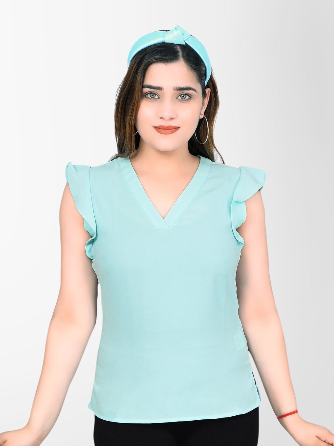 

DELIS Women V-Neck Monochrome A-Line Regular Top, Blue