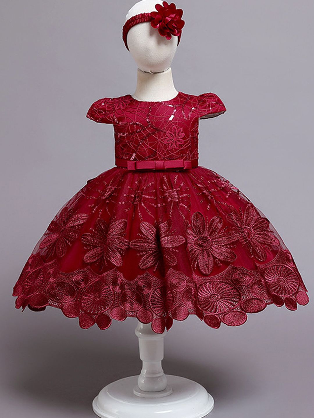 

Xsole Girls Floral Self Design Fit & Flare Dress, Red