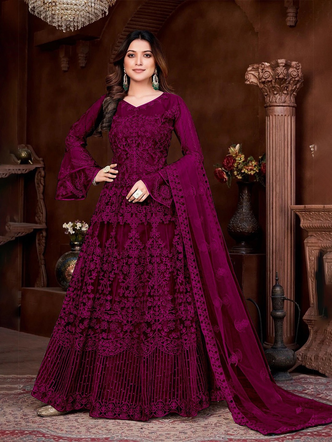 

A TO Z CART Embroidered Semi-Stitched Net Ethnic Maxi Dress With Dupatta, Magenta