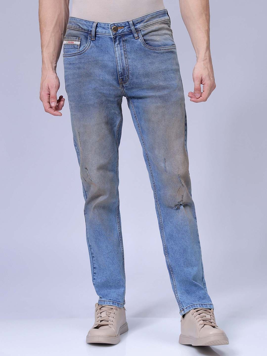 

The Indian Garage Co Men Straight Fit Heavy Fade Low Distress Stretchable Jeans, Blue