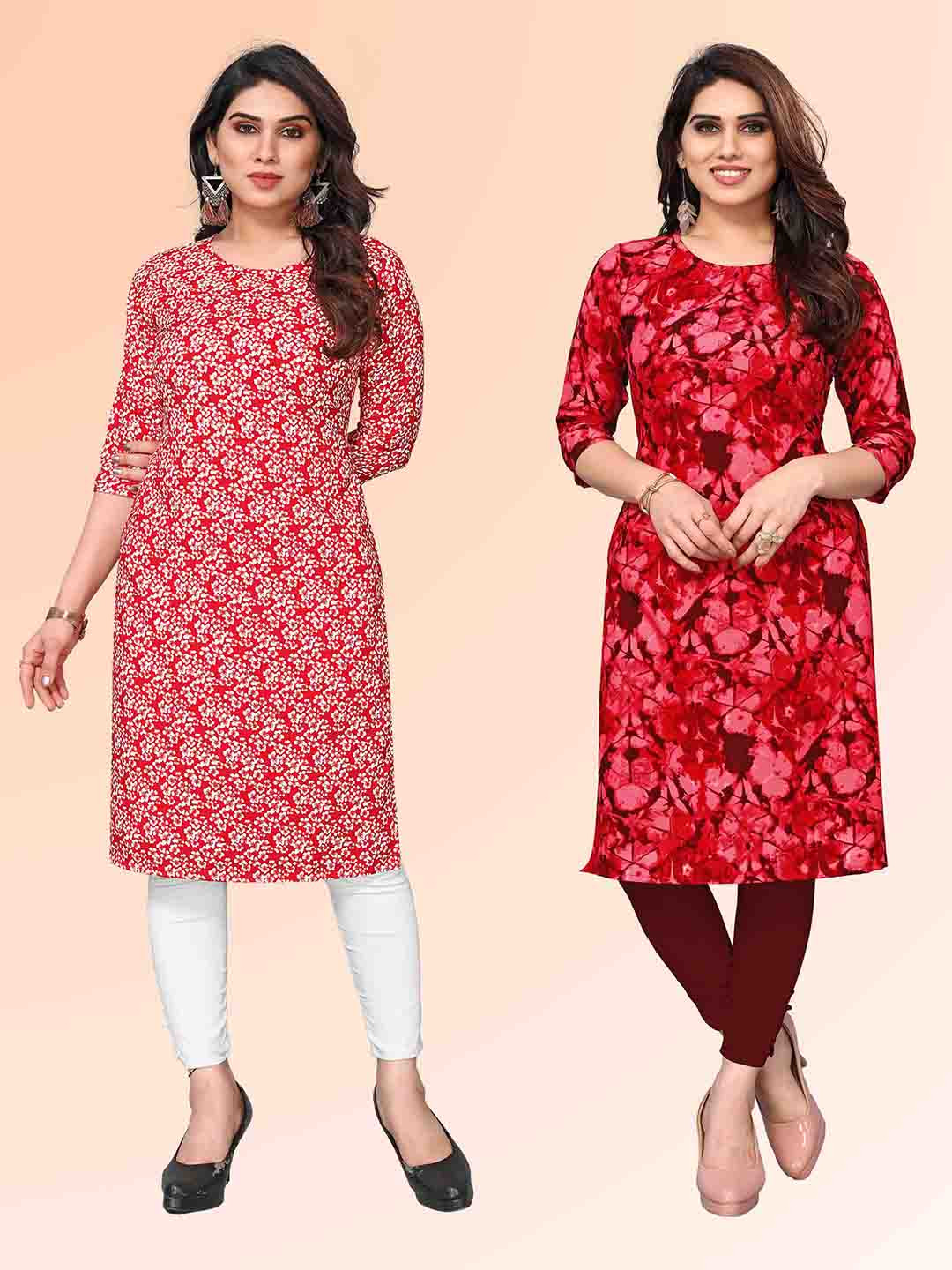 

KETAKI FASHION Selection Of 2 Floral Printed Round Neck Straight Kurtas, Red
