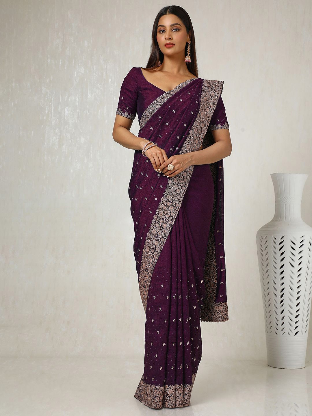 

Soch Ethnic Motifs Beads and Stones Silk Blend Tussar Saree, Purple