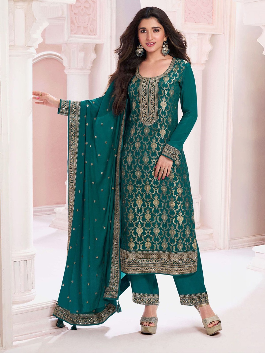 

ODETTE Floral Embroidered Zari Semi-Stitched Dress Material, Green