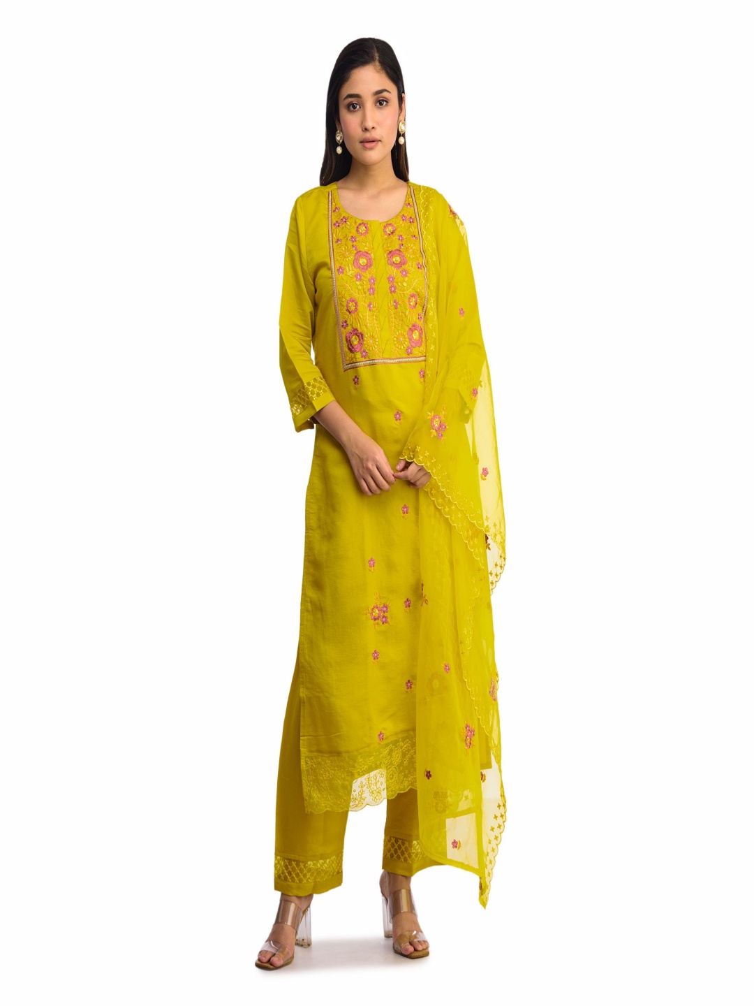 

ISHKIYA Floral Embroidered Thread Work Straight Kurta with Trousers & Dupatta, Yellow