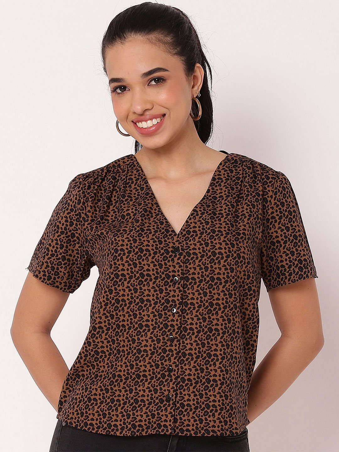 

Moomaya Women Printed V-Neck Shirt Style Top, Brown