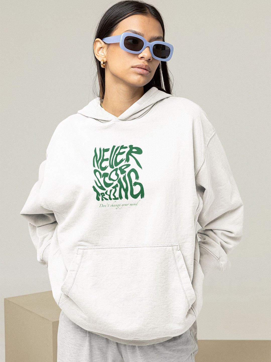

TheBTclub Women Printed Never Stop Hooded Sweatshirt, White