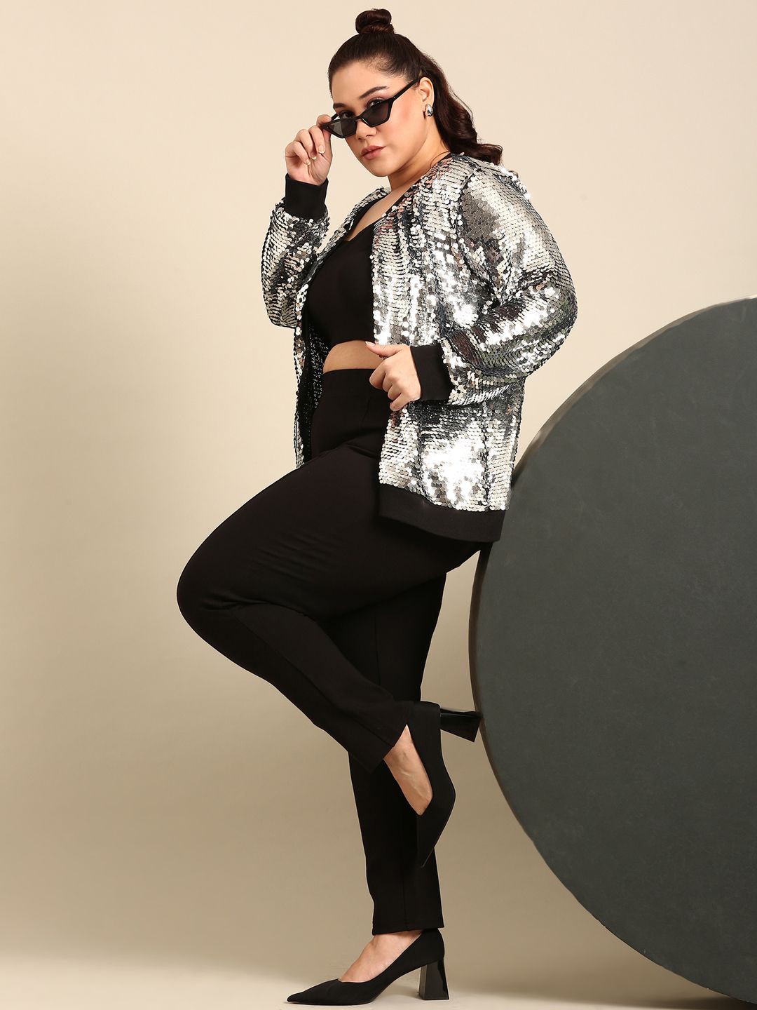 

The Pink Moon Women Stand Collar Self Design Casual Bomber Jacket, Grey
