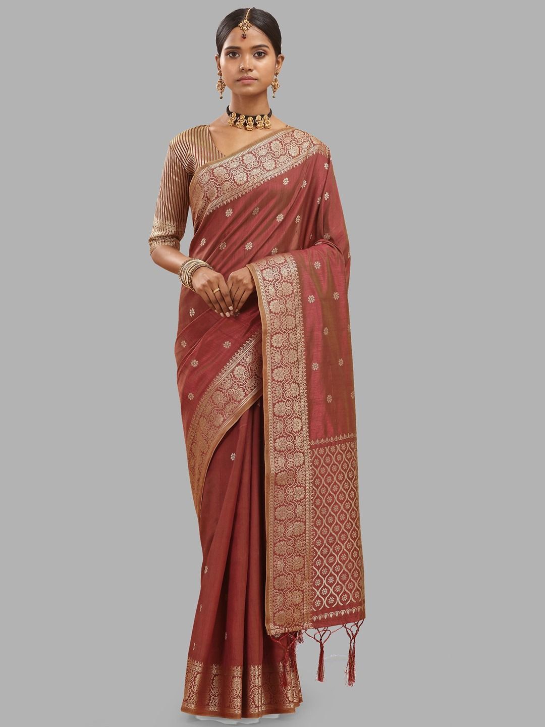 

Krimmple Woven Design Zari Pure Silk Banarasi Saree, Maroon